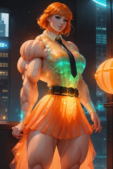 (((Close-up))), tall, (orange hair) beautiful muscular woman, long shaggy hair, pale white skinned, closed smile, large breast, (black lipstick), (massive muscles), ((hyper muscle)), (((ginormous bulky muscles))), green eyes, (((orange sleeveless Biolumine...