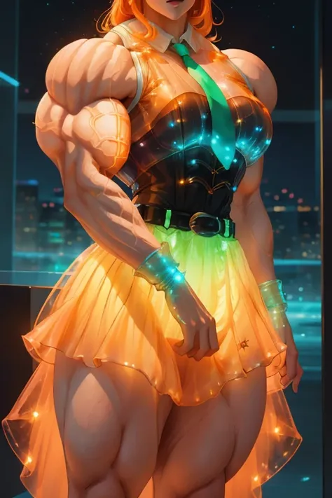 (((Close-up))), tall, (orange hair) beautiful muscular woman, long shaggy hair, pale white skinned, closed smile, large breast, (black lipstick), (massive muscles), ((hyper muscle)), (((ginormous bulky muscles))), green eyes, (((orange sleeveless Biolumine...