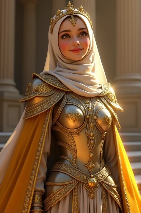 Once upon a time, there lived a beautiful princess, in armor and gold robe, Hijab and crown on head, waiting for someone to love, she had a beautiful smile, page, whole body, (Masterpiece), (best quality), (high quality) , (highly detailed) CG unity, 8k wa...