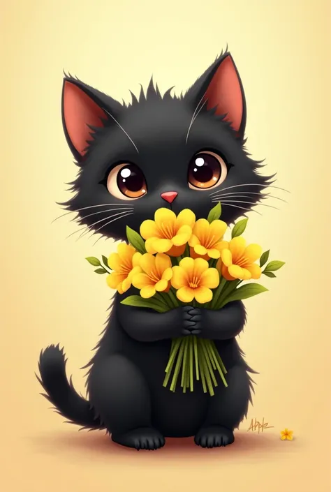 A kawaii black cat with a bouquet of yellow flowers  