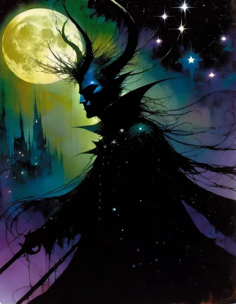 dark fantasy, magic, fantasy, stars, night, art inspired by Bill Sienkiewicz and Dave McKean
