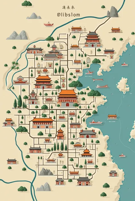 Make a map of tekesi bagua the city seen from above, that it has cement streets with avenues and streets and that there are the Terracotta Warriors, the forbidden city, the jinshajiang-jin&#39;an bridge and the yellow mountains and can distinguish each pla...