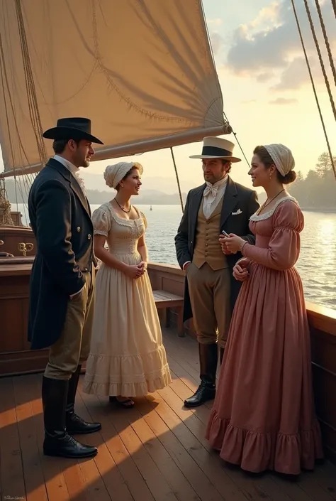 A man, his sisters and his wife talking to another man on a packet boat in the period of 1844 (5personas)