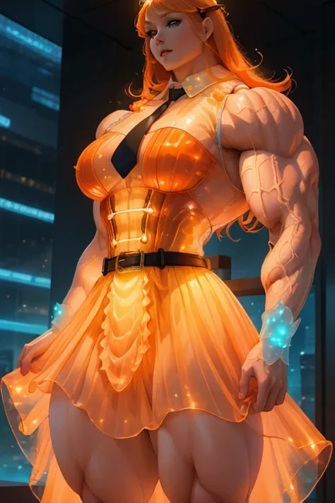 (((Close-up))), tall, (orange hair) beautiful muscular woman, long shaggy hair, pale white skinned, closed smile, large breast, (black lipstick), (massive muscles), ((hyper muscle)), (((ginormous bulky muscles))), green eyes, (((orange sleeveless Biolumine...