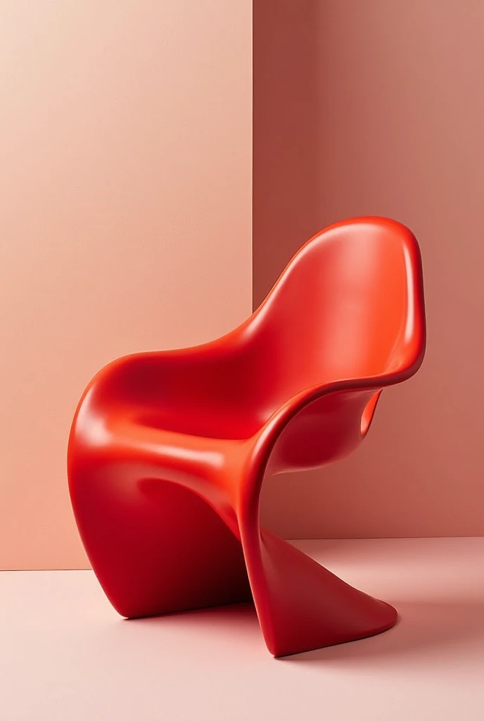 A Vitra Panton Chair in red, It is very abstract in its forms and very pronounced curves as well as its background. 