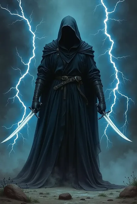 1970s dark fantasy book cover paper art and dragons style drawing of a dark knight in a black robe and a dark blue robe, his face is not visible, instead of swords in his hands there are slightly curved daggers from which lightning comes through, he stands...