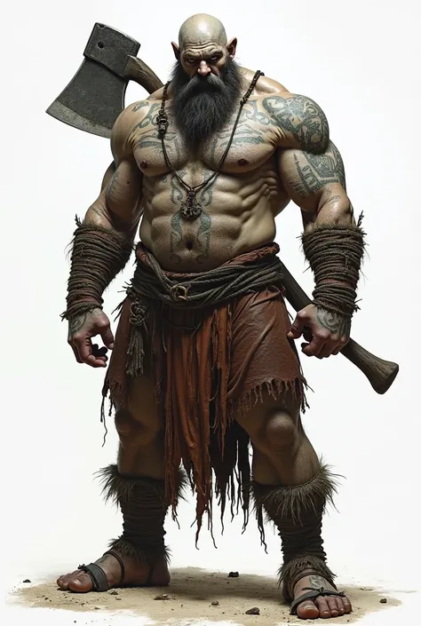 A tall and muscular goliath with an axe on his back and dressed in rags that reveal scars, bald with tattooed stripes all over his body, with gray skin.