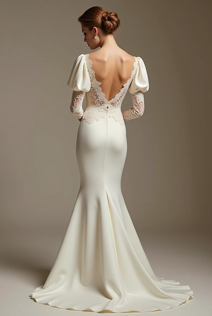 A wedding dress with a lace bodice with straps, Removable long puff sleeves and above-the-knee pencil skirt 