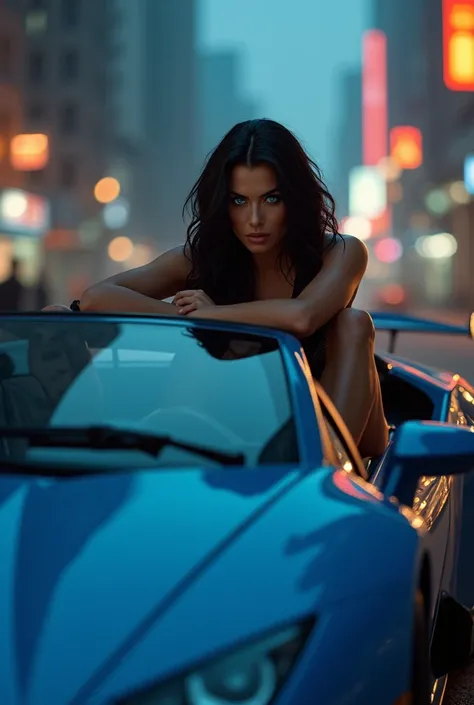 a black haired woman,sitting on a man&#39;s lap, blue-eyed driving a lamborghine 