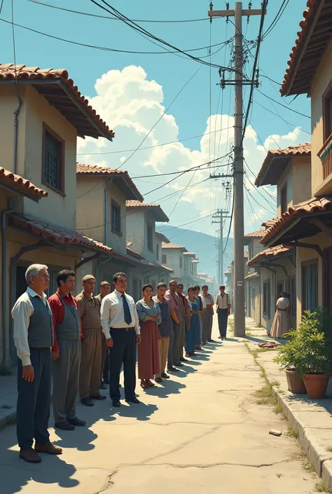 A small number of people lined up, for service, one after the other. in front of the only vacant lot on the street with few houses in the city of the interior