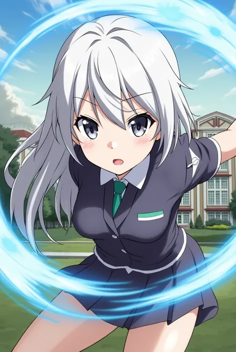 Make a picture of an anime school girl from My Hero Academia, smoky white hair with dark grey eyes