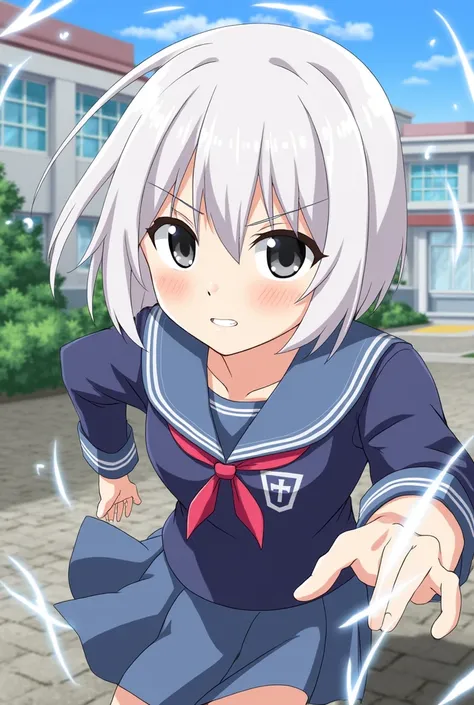 Make a picture of an anime school girl from My Hero Academia, smoky white hair with dark grey eyes