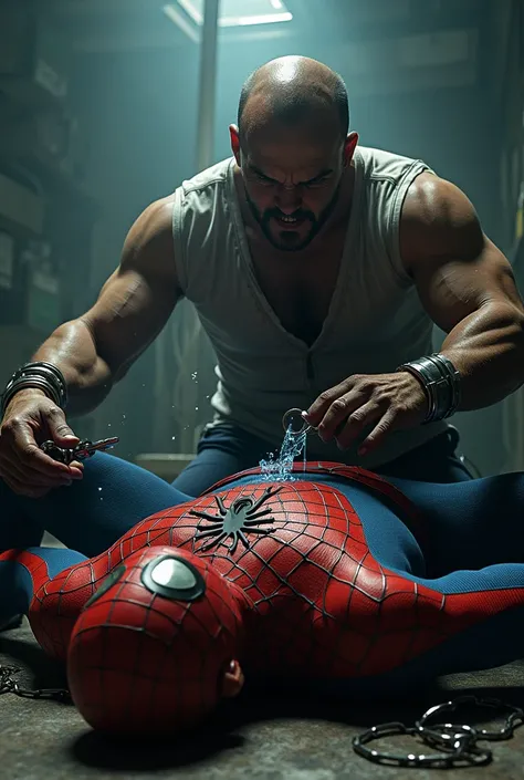 In an abandoned laboratory, a wicked doctor stabs an electric scalpel into Spider-Man&#39;s lower abdomen while he is handcuffed, shackled and chained.