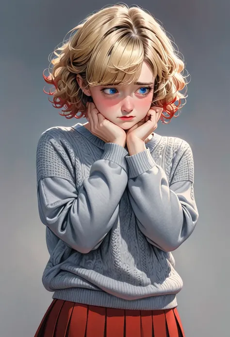 illustration, detailed illustration, ultra detailed, 1girl, 30 year old girl, short hair, hair over eyes, blonde hair, curly hair, blue eyes, gray sweater, red pleated skirt, black stockings, holding own elbow, shy expression, looking down, embarrassed, sa...