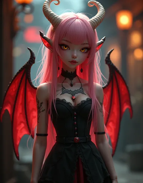 (red full skin) , gloss skin, teen  girl tiefling, korean  girl, pink long hair, smooth bangs,  standing in tavern fantasy ,  Wings on the back, white horns  goat on her head, perfect skin,small face, A childs face, model face, delicate facial features, ye...