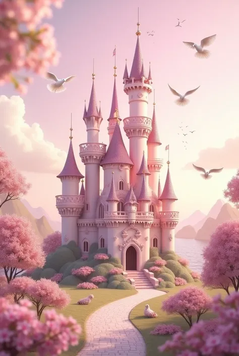 Fairytale  castle  in pinks and whites lots of details with doves flying
Cute little mice
Unicorns and fairies