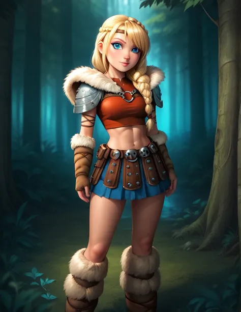 score_9, score_8_up, break, astridhofferson, 1girl, solo, blonde hair, braid, long hair, blue eyes, fur trim, shoulder armor, cr...