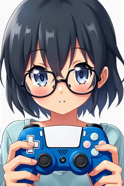 Create an anime character with prescription glasses holding a blue and white video game controller 