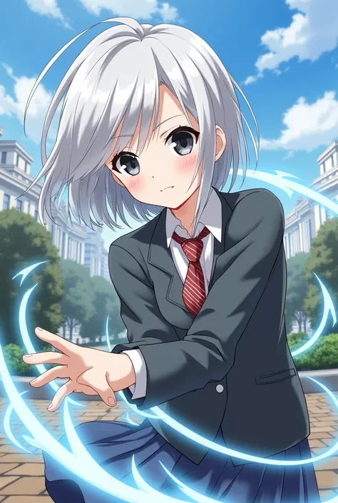 Make a picture of an anime school girl from My Hero Academia, smoky white hair with dark grey eyes