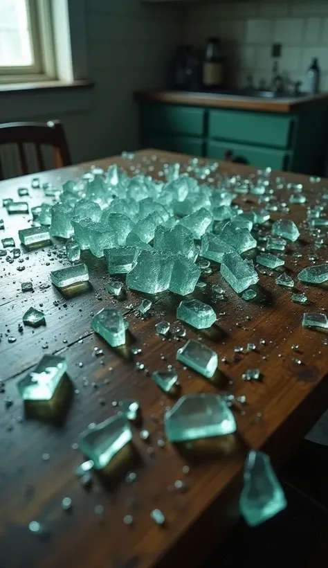 Broken glass scattered on a wet kitchen table