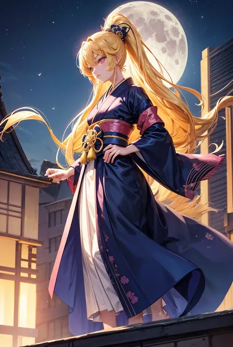 One girl, long hair,  Yellow hair, ponytail, pink eyes,  Elegant navy blue kimono, with shiny details, standing on a high place on the roof of a building, holding a blue luminous perfume bottle, behind the moon, high definition, Best quality, Anatomy is co...