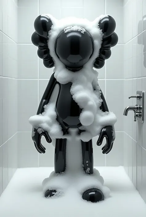 Create a very hyper realistic black kaws his body cover by foam soap getting showering 