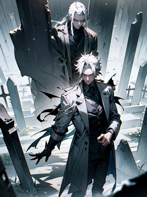 Male, silver-grey hair, shoulder-length, wearing a tattered coat, vampire hunter, standing at the gates of a haunted cemetery, his resolve unshaken by the horrors hes seen.