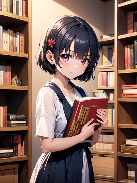 ((masterpiece,best quality))1girl, solo, bookshelf, pile of books, suzuno, indoors, hair ornament, yuina, red eyes,  