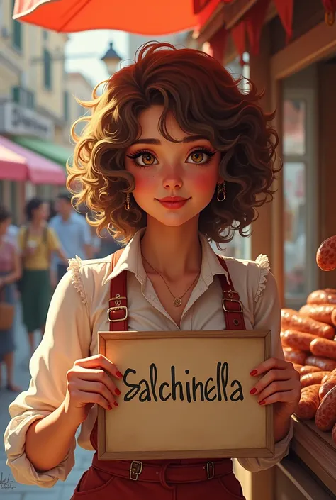 Yiffymix Girl selling sausage, with curly hair, brown eyes, white skin, with a sign that says salchinella