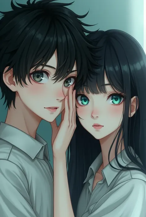 a boy holding his face with a mesmerizing look, white, high, Blue eyes, black hair and a girl with long black hair, white, green eyes 