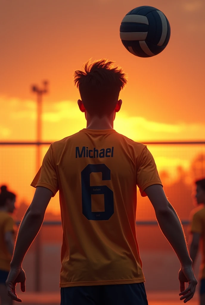 A teenager playing volleyball and the color of the ball is black with a sunset background and on the shirt it says Michael with his back turned 