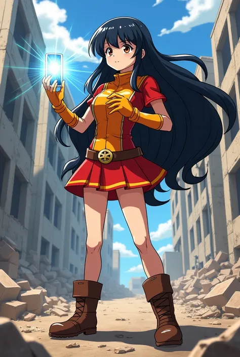 screenshot MY HERO ACADEMIA, A girl with long black hair ,With a wick in front , And big brown eyes, Wears an Orange and Red Hero Suit, red skirt, Orange gloves and brown medium boots, Wear a short orange blouse, brown skin, He is fighting with The Villain...