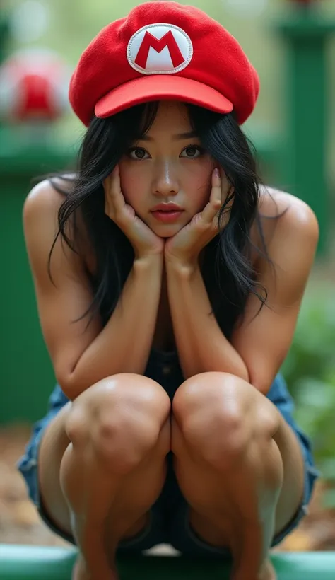 wearing nothing,front pose, objective20 year old beautiful girl、Korean、she is a Female Mario wears overalls and hat 、hides her own boobs with her own hands, Rough Face、smile、Freckled face、No makeup、Sunburned Skin、Round eyes、Long Black Hair、Wavy Hair, Sitti...