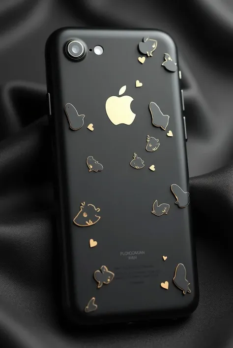 a black phone case with print: black mini hearts, birds, MINIMALISTIC, feminine, wlop style and channel luxury close-up of a beautiful large apple logo