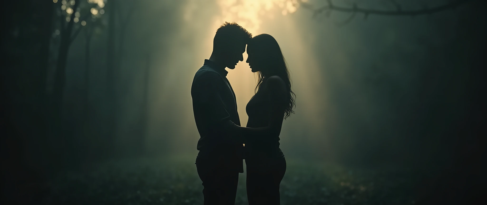 A couple silhouette background looking in different direction, in marriage clash, about to get divorce, dramatic lighting, moody colors, cinematic, somber palette, dark shadows, emotional, melancholic, photorealistic, extremely detailed, 8k, masterpiece