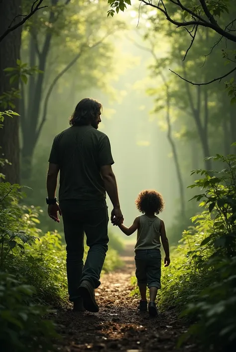 Daryl Dixon holding hands with a kid with curly hair while in the forest during the apocalypse while wlaking away with their backs facing towards me.