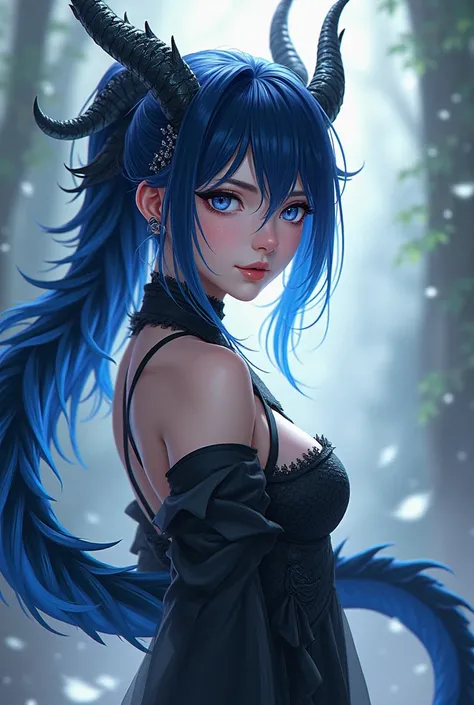 Cool girl with dragon horns and dragon tail with blue and black hair anime