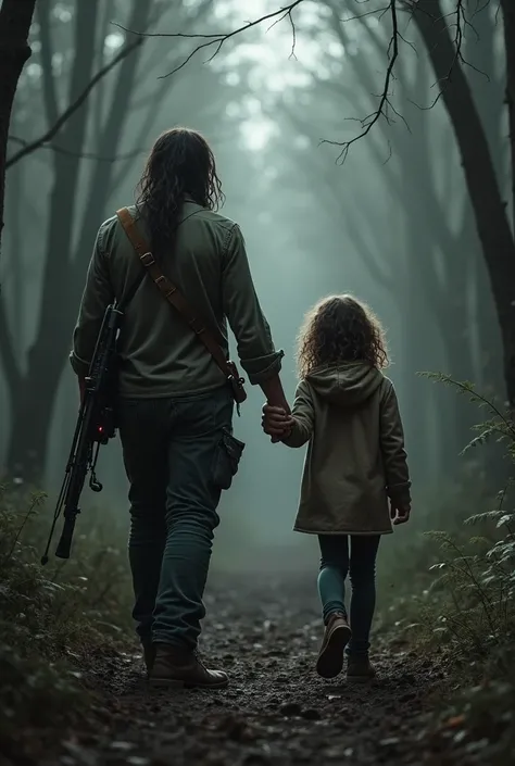 Daryl dixon from the walking dead holding hands with a kid with curly hair while in the forest during the apocalypse while wlaking away with their backs facing towards me.1girl, Long Hair, Hood, 