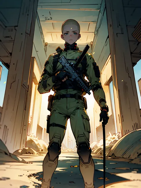 Male, light blonde hair, buzz cut, wearing tactical gear, human, standing in the center of a deserted military base, preparing for the oncoming wave of zombies.
