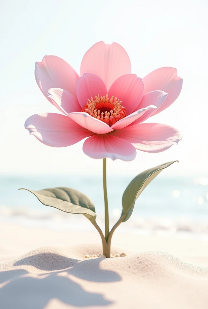 Create a flower a png in 3d animation style a flower that is on the beach in pink color turned to freight with a white background 