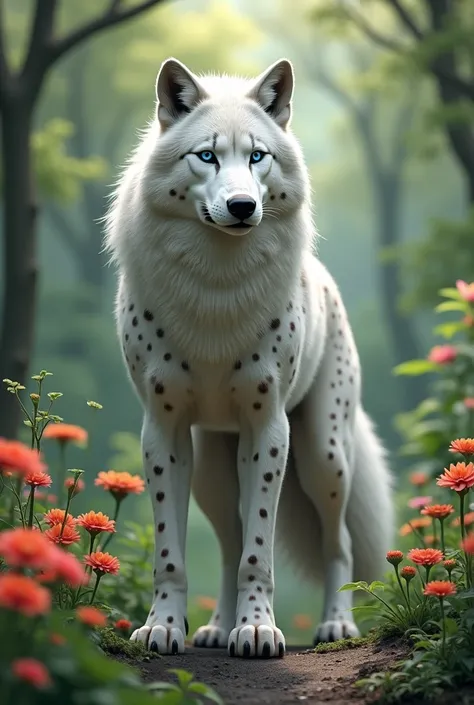 score_9, score_8_up, score_7_up, source_furry, rating_safe, by sigma_x, anthro, solo, male, wolf, white body, blue eyes, cheetah, spotted body, humanoid, outside, garden,