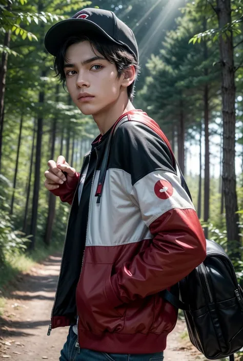 

"Create a realistic image of a young monster trainer. Ele tem pele clara, spiky black hair sticking out from under a red and white cap, expressive brown eyes and is wearing a blue and white jacket over a black t-shirt. He carries a red backpack on his ba...