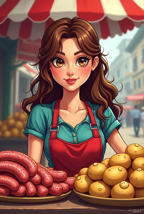 Logo with a girl selling sausages and potatoes, with long curly hair, brown eyes, white skin,that says salchinella