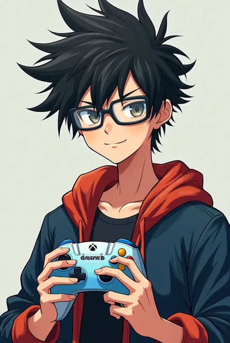 Create a male anime character with prescription glasses holding a blue and white Xbox style video game controller with INSOLENT written on it