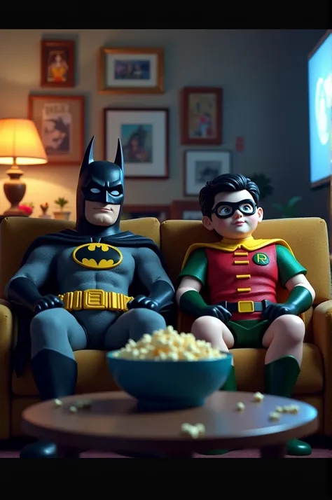 Batman and Robin sitting on the couch eating popcorn and watching a movie.