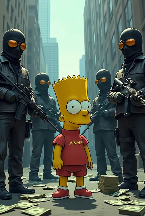 Asme to bart simpsom with balaclavas and guns and money with gucci clothes