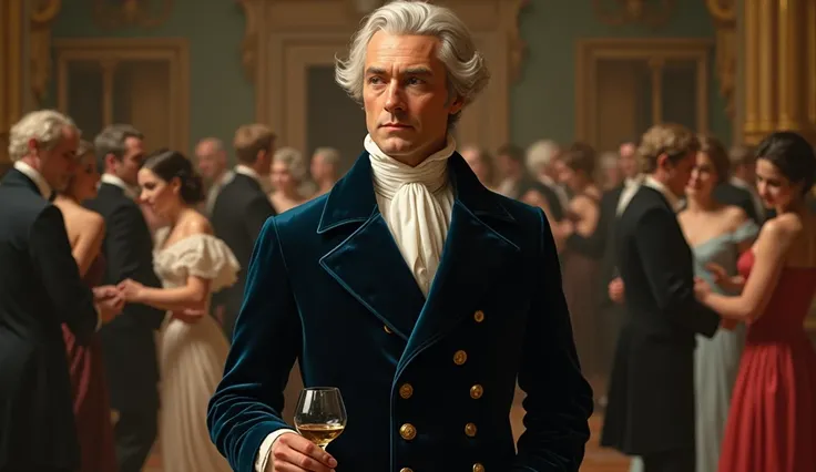 Emanuel Swedenborg stands in a ballroom during a gala reception, wearing an elegant dark blue velvet coat and a white silk tie. Her short white hair is neatly styled, and he smiles slightly as he watches the guests dancing. In your hand, He holds a glass o...