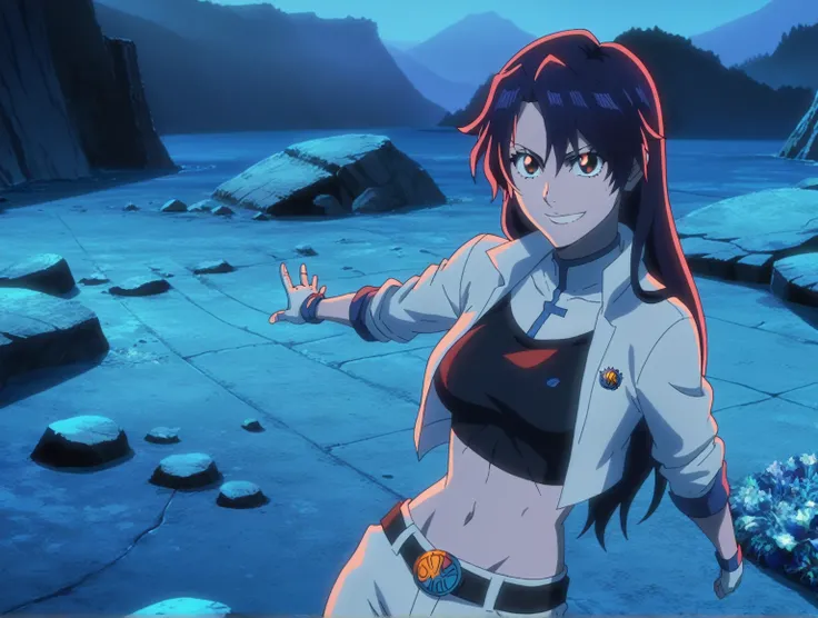 score_9, score_8_up, score_7_up, source_anime, anime screencap, canyon background, 1girl, solo, full-body, bambietta, long hair, medium breasts, blue jacket, teku logo, black crop-top, midriff, blue jeans, belt, looking at viewer, eye contact with viewer, ...