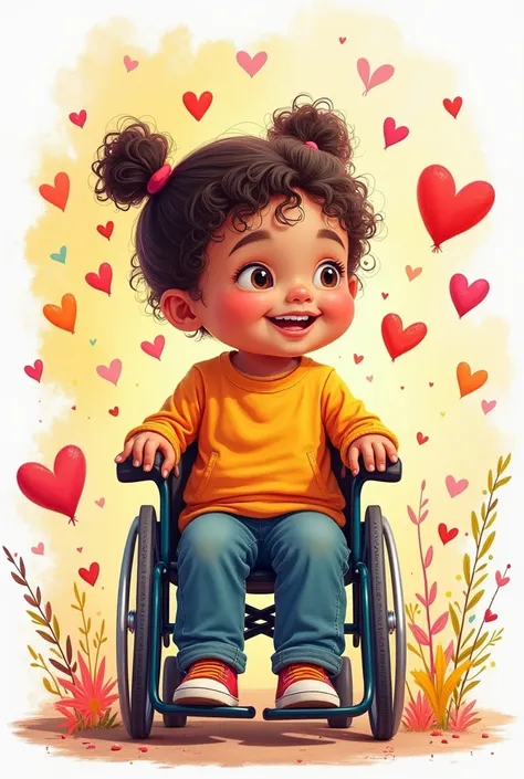 Drawing of a disabled child with colors and hearts 