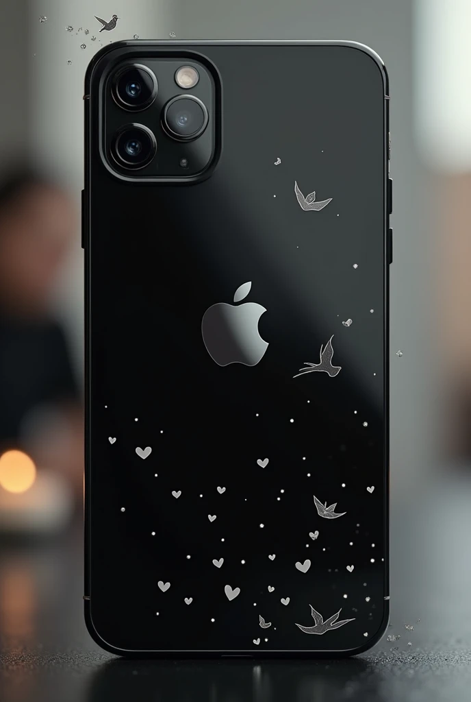 a black phone case with black gloss print: black mini hearts, birds, MINIMALISTIC, feminine, wlop style and channel luxury close-up of a beautiful large apple logo